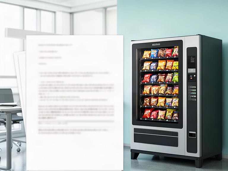 Documento con termini di utilizzo accanto a un distributore automatico in un ufficio italiano