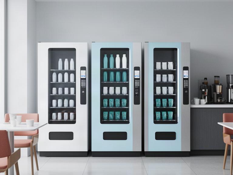 Tre distributori automatici moderni in una sala aziendale con area break dedicata